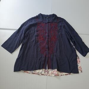 Andree by Unit Shirt Womens 1X Blue Embroidered Floral Button Up Boho Tunic Top